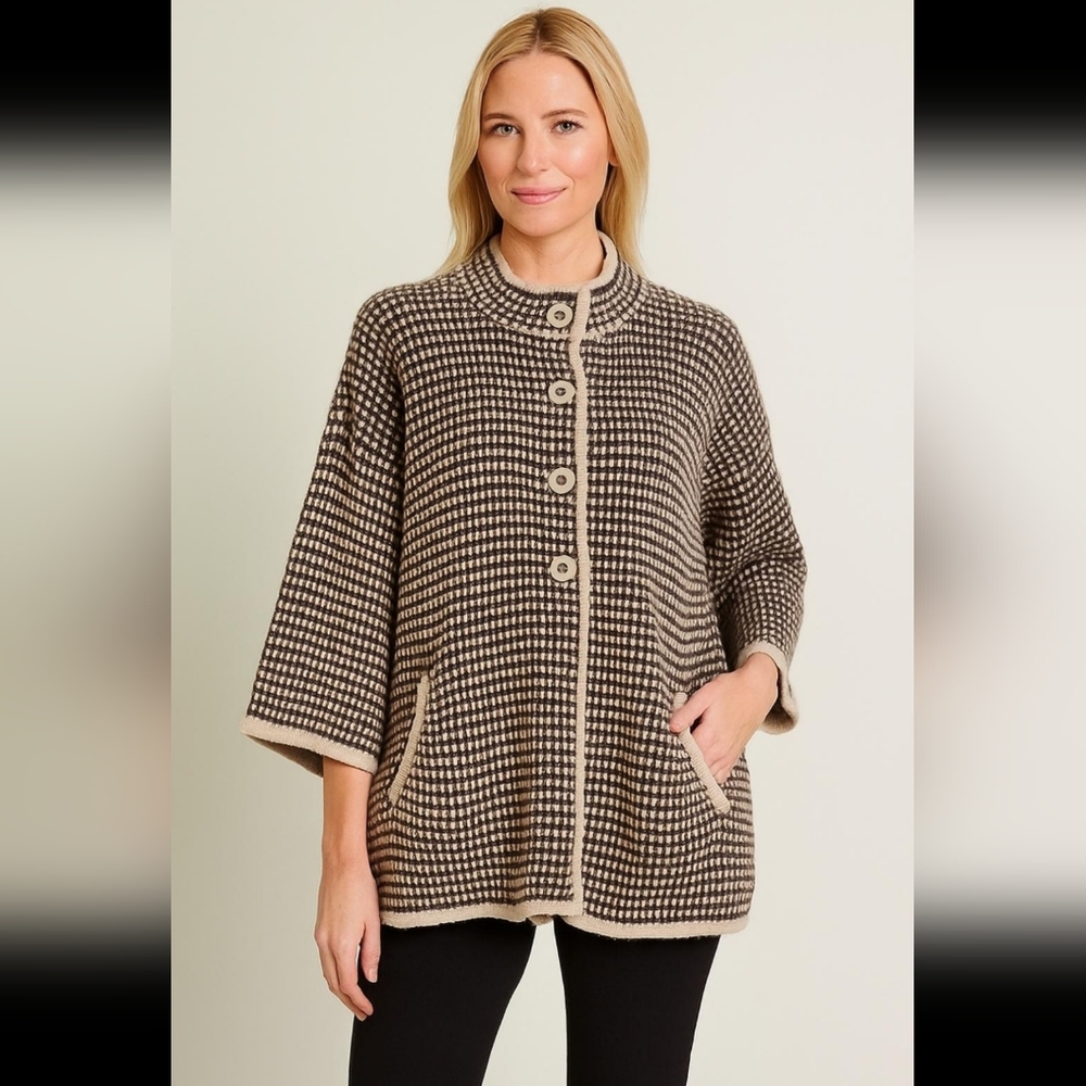 Vintage Alpaca Wool Boucle Knit Cardigan Sweater Brown Cream Wide Sleeves Large